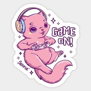 Cute pink gamer Cat playing with joystick Sticker